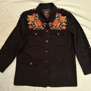 Johnny Was Workshop Floral Embroidered Eyelet Black Denim Jacket Size M